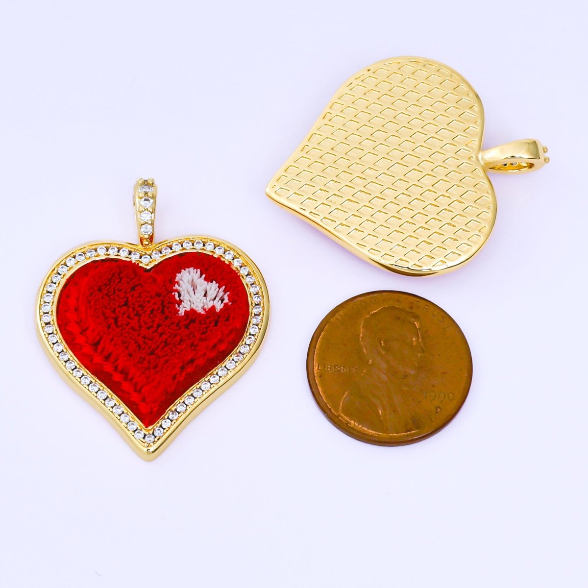 24K Gold Filled 34mm Red Pressed Cotton Micro Paved CZ Heart Pendant | AA1647 - DLUXCA