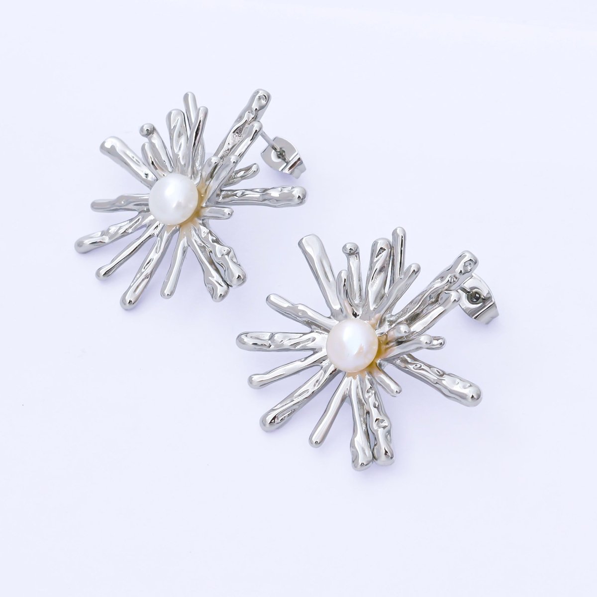 24K Gold Filled 34mm Shell Pearl Sunburst Flower Drop Stud Earrings in Gold & Silver | AB1598 AB1599 - DLUXCA