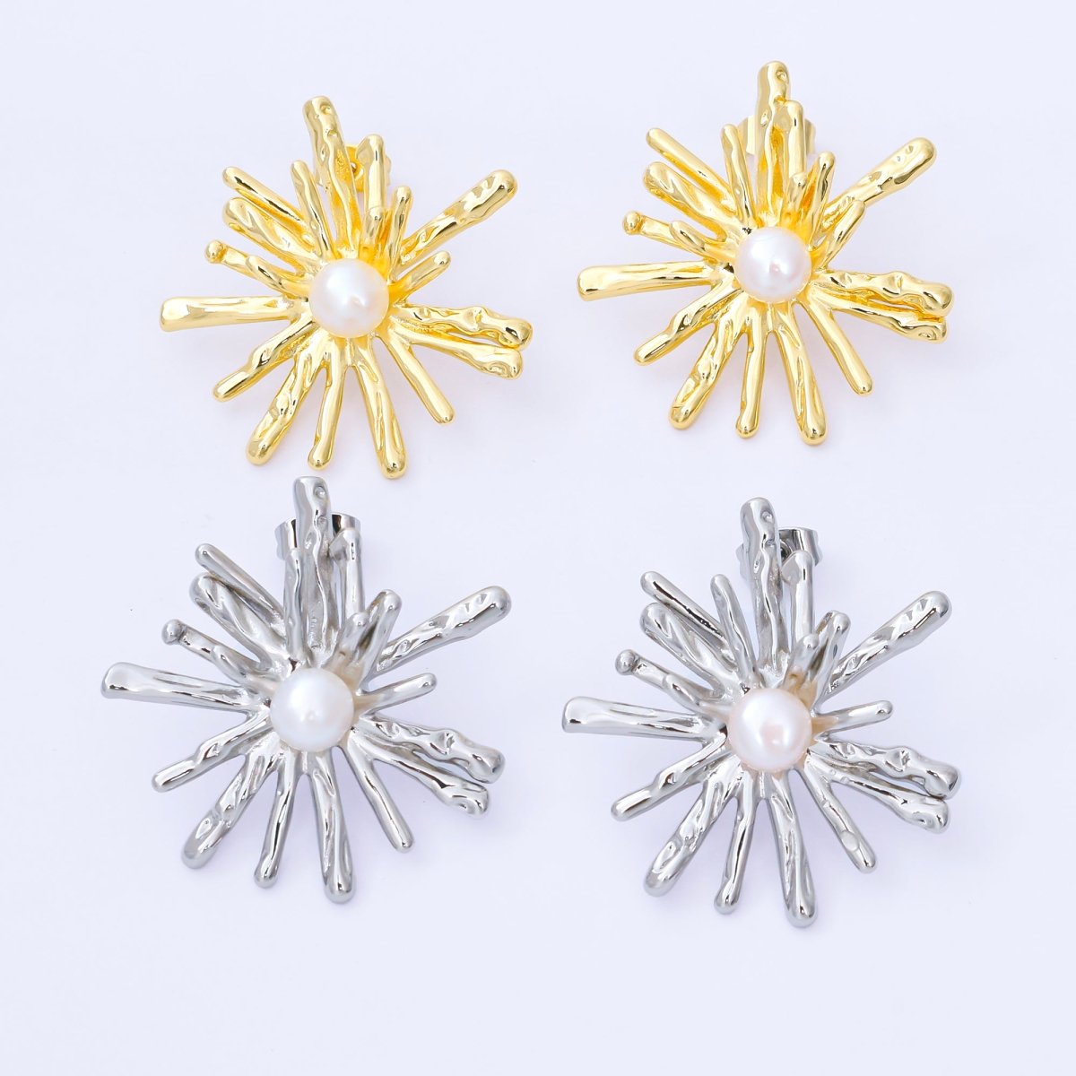 24K Gold Filled 34mm Shell Pearl Sunburst Flower Drop Stud Earrings in Gold & Silver | AB1598 AB1599 - DLUXCA