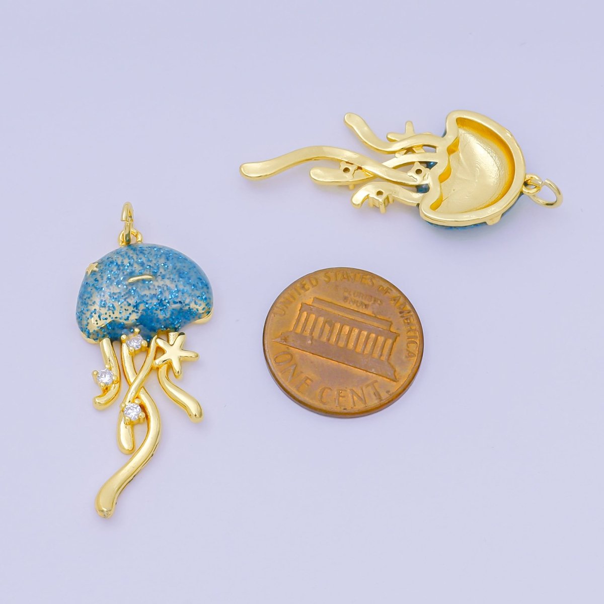 24K Gold Filled 35.5mm Enamel Art Blue Glittered Jellyfish Sea Animal Charm | AH - 605 - DLUXCA