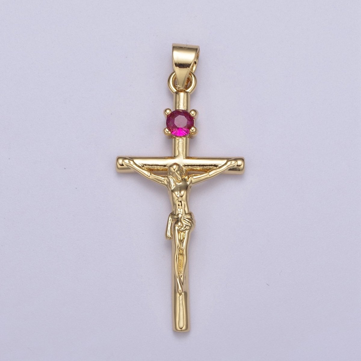 24K Gold Filled 35mm Fuchsia CZ Minimalist Crucifix Cross Pendant | H602 - DLUXCA