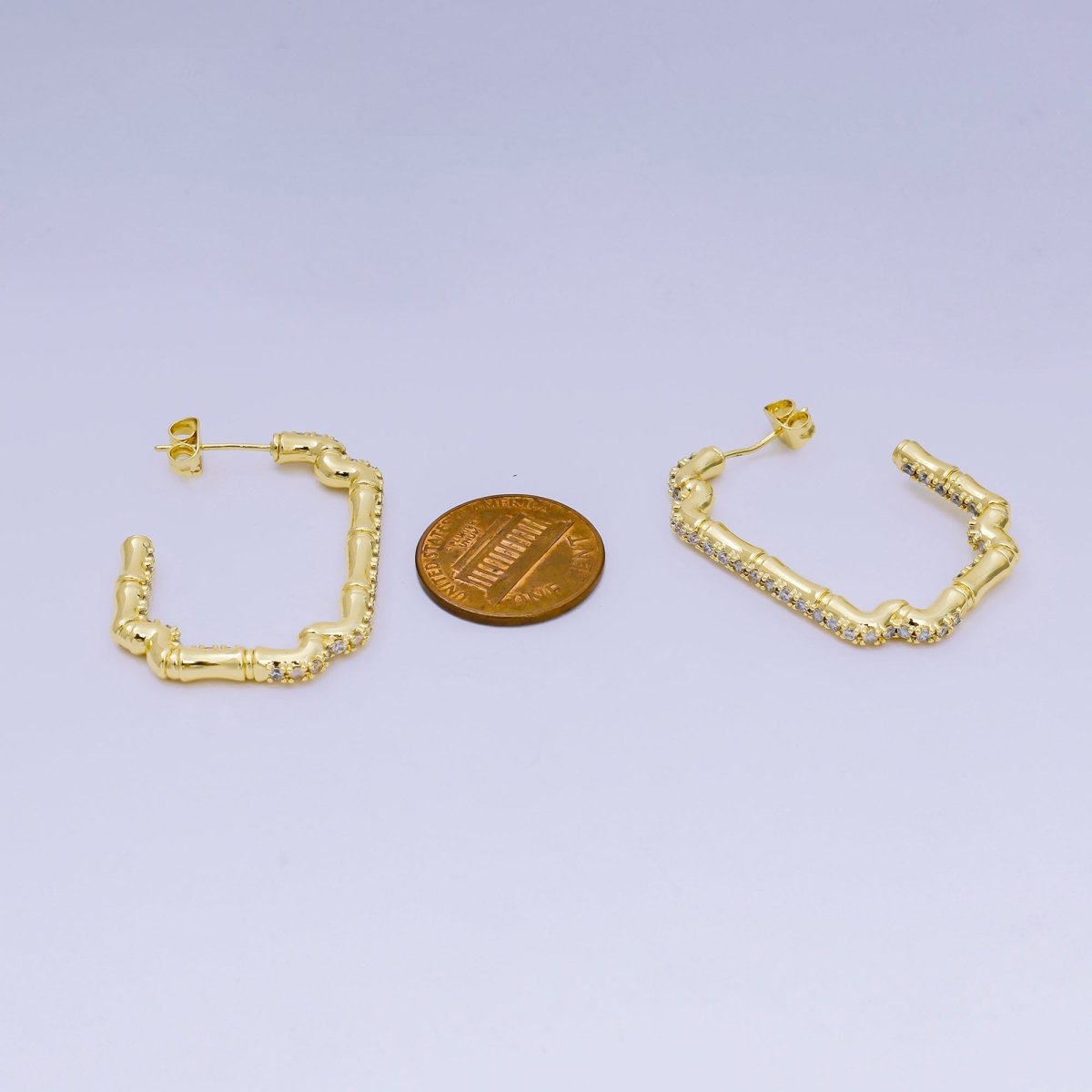 24K Gold Filled 35mm Micro Paved CZ Bamboo Geometric J - Shaped Hoop Earrings | AI505 - DLUXCA