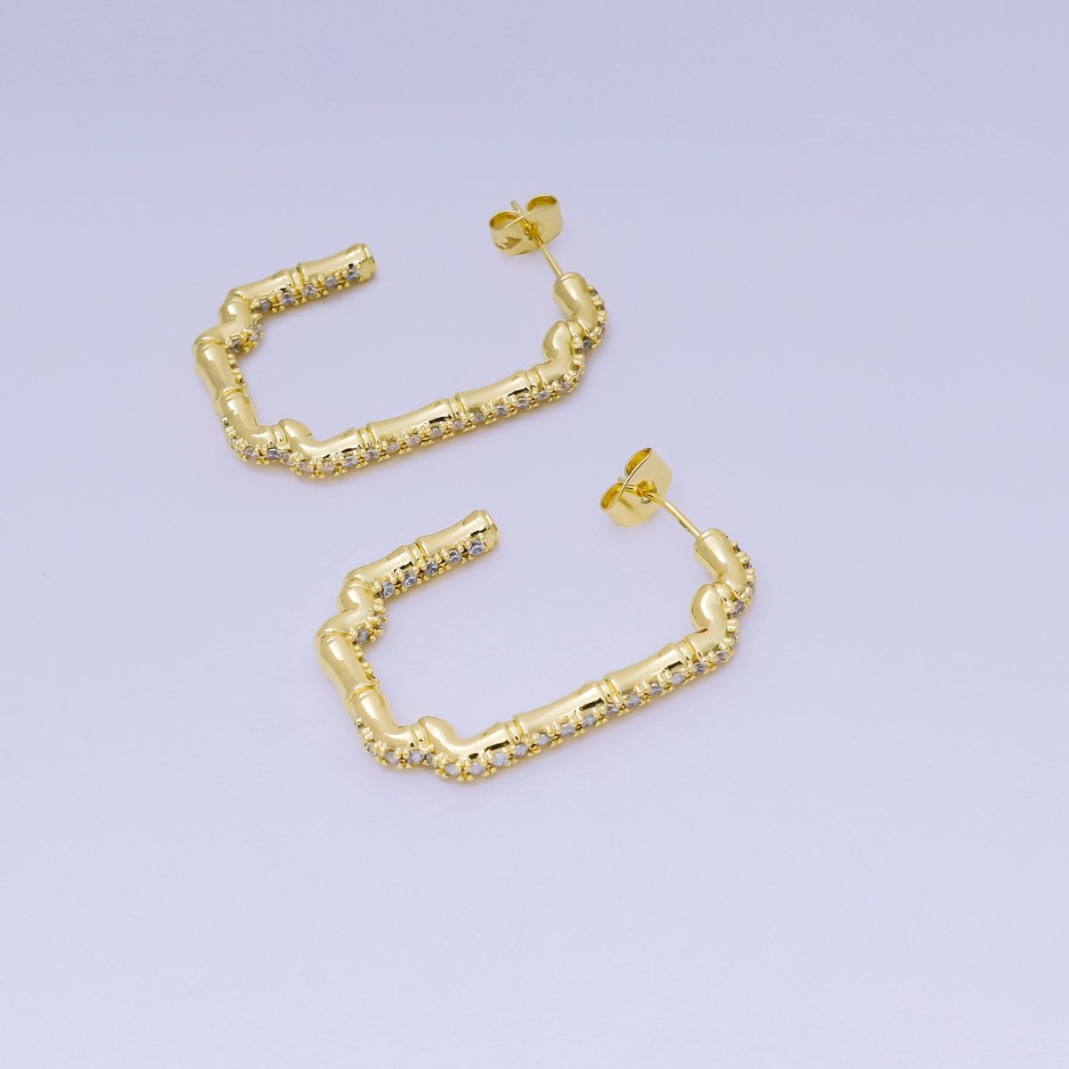 24K Gold Filled 35mm Micro Paved CZ Bamboo Geometric J - Shaped Hoop Earrings | AI505 - DLUXCA