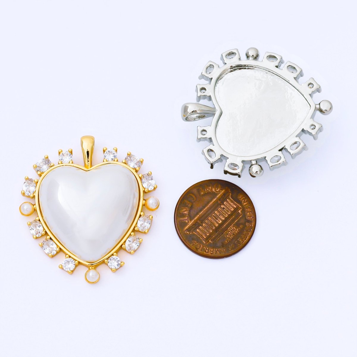 24K Gold Filled 35mm Shell Pearl CZ Cluster Outline Pendant in Gold & Silver | AA1658 AA1689 - DLUXCA