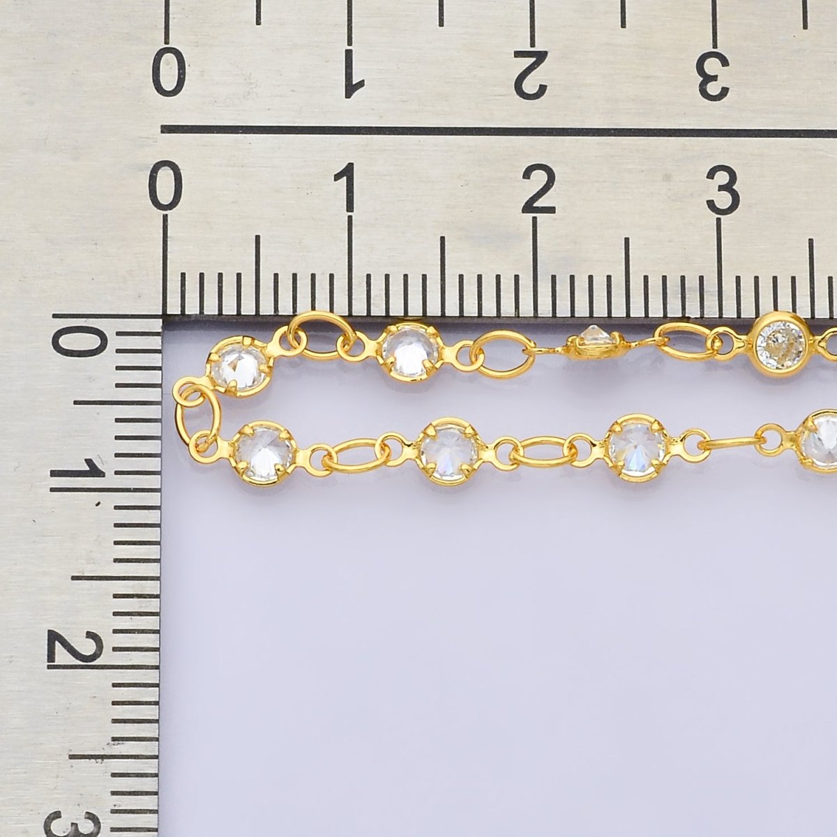 24K Gold Filled 3.6mm Clear CZ Round Bezel Gemstone Unfinished Chain by Yard | Roll-01835 - DLUXCA