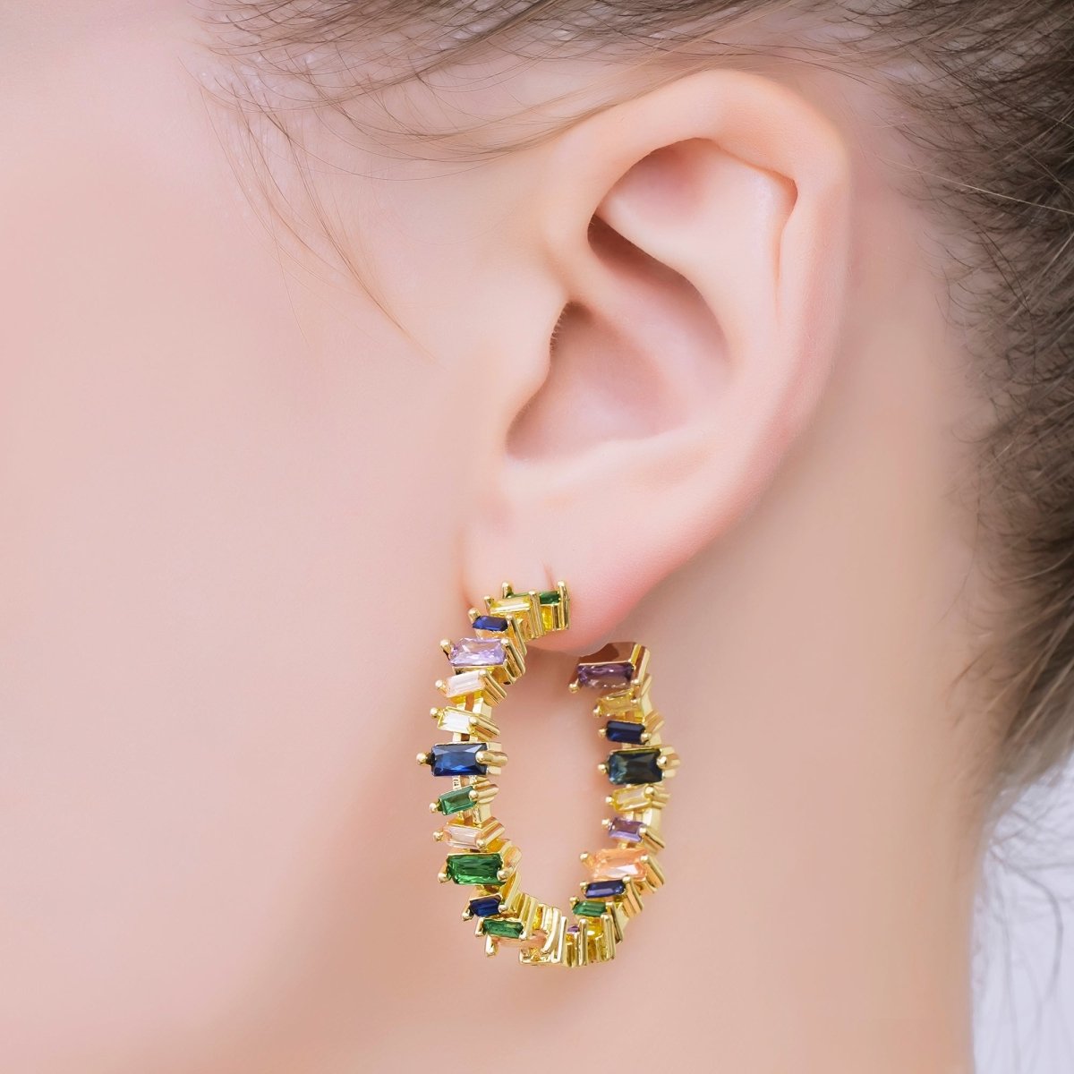 24K Gold Filled 37mm Multicolor CZ Baguette C - Shaped Hoop Earrings | AJ109 - DLUXCA