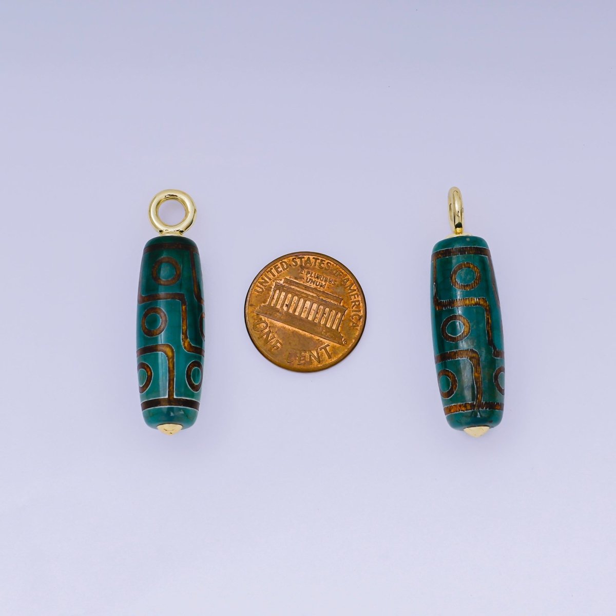 24K Gold Filled 38mm Green Agate Gemstone Cylinder Oblong Drop Charm | AF1298 - DLUXCA