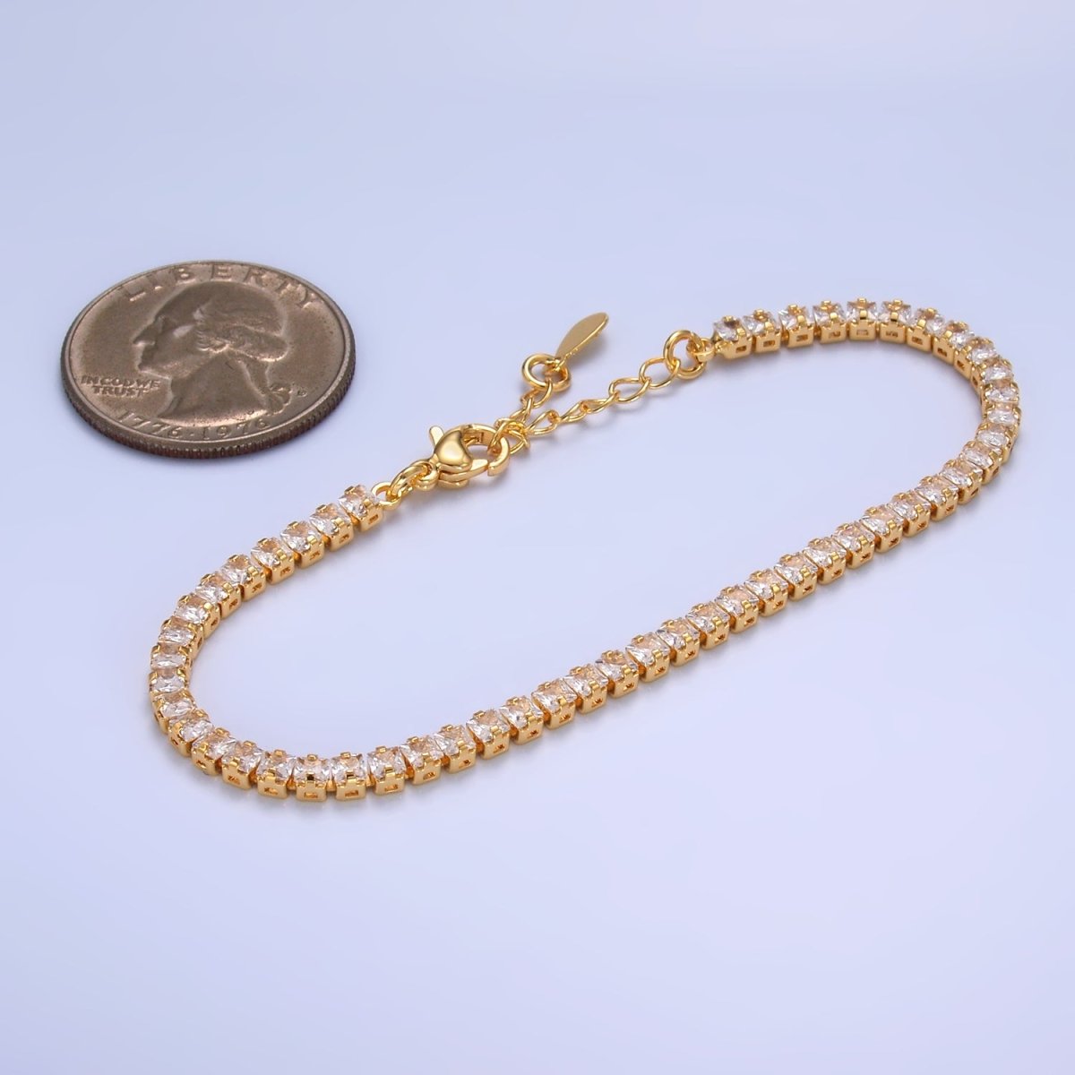 24K Gold Filled 3mm Clear CZ Baguette 7 Inch Tennis Bracelet | WA - 2977 - DLUXCA