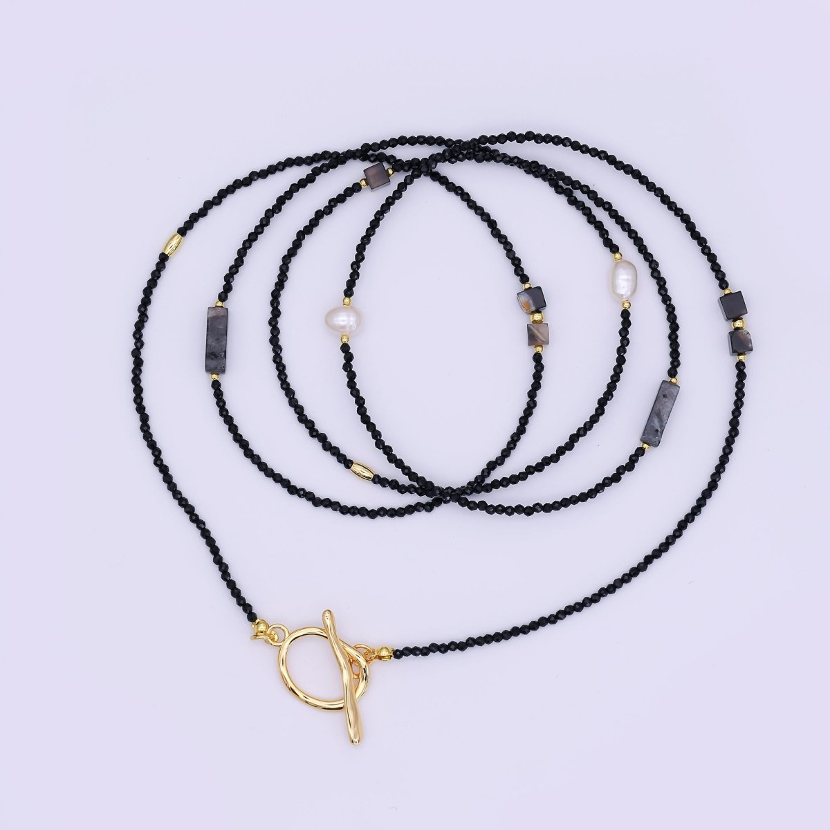 24K Gold Filled 3mm Grey Agate Onyx Shell Pearl Gemstone 40 Inches Necklace | WA - 3085 - DLUXCA