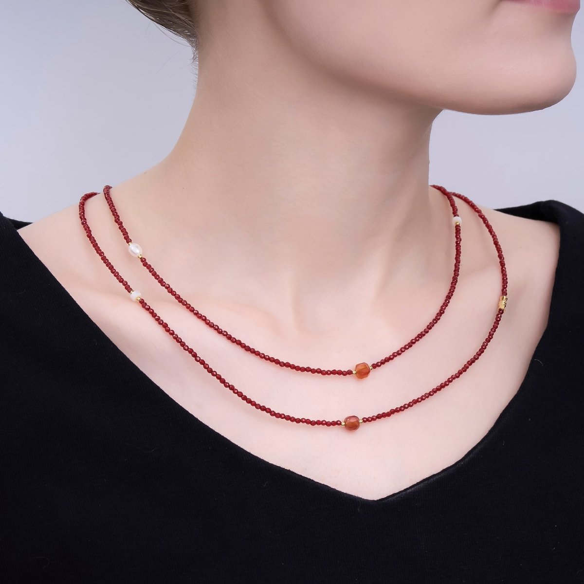 24K Gold Filled 3mm Red Carnelian Shell Pearl Gemstone 40 Inches Necklace | WA - 3077 - DLUXCA