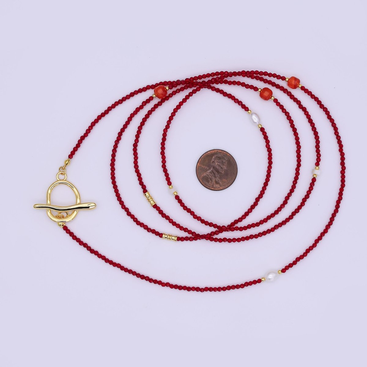 24K Gold Filled 3mm Red Carnelian Shell Pearl Gemstone 40 Inches Necklace | WA - 3077 - DLUXCA