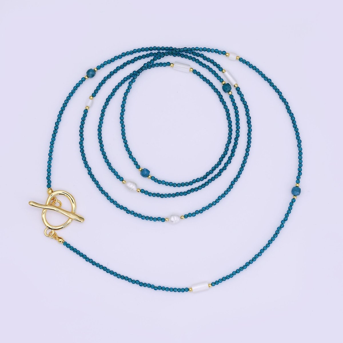 24K Gold Filled 3mm Shell Pearl Blue Crystal Gemstone 40 Inches Necklace | WA - 3082 - DLUXCA