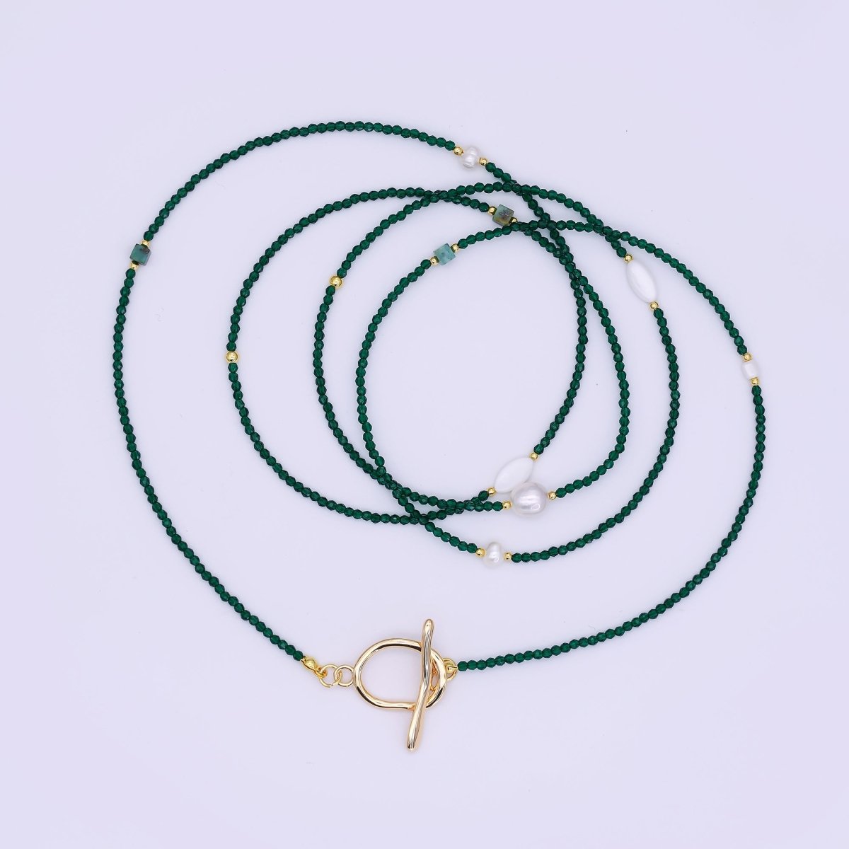 24K Gold Filled 3mm Shell Pearl Green Aventurine Crystal Gemstone 40 Inches Necklace | WA - 3086 - DLUXCA