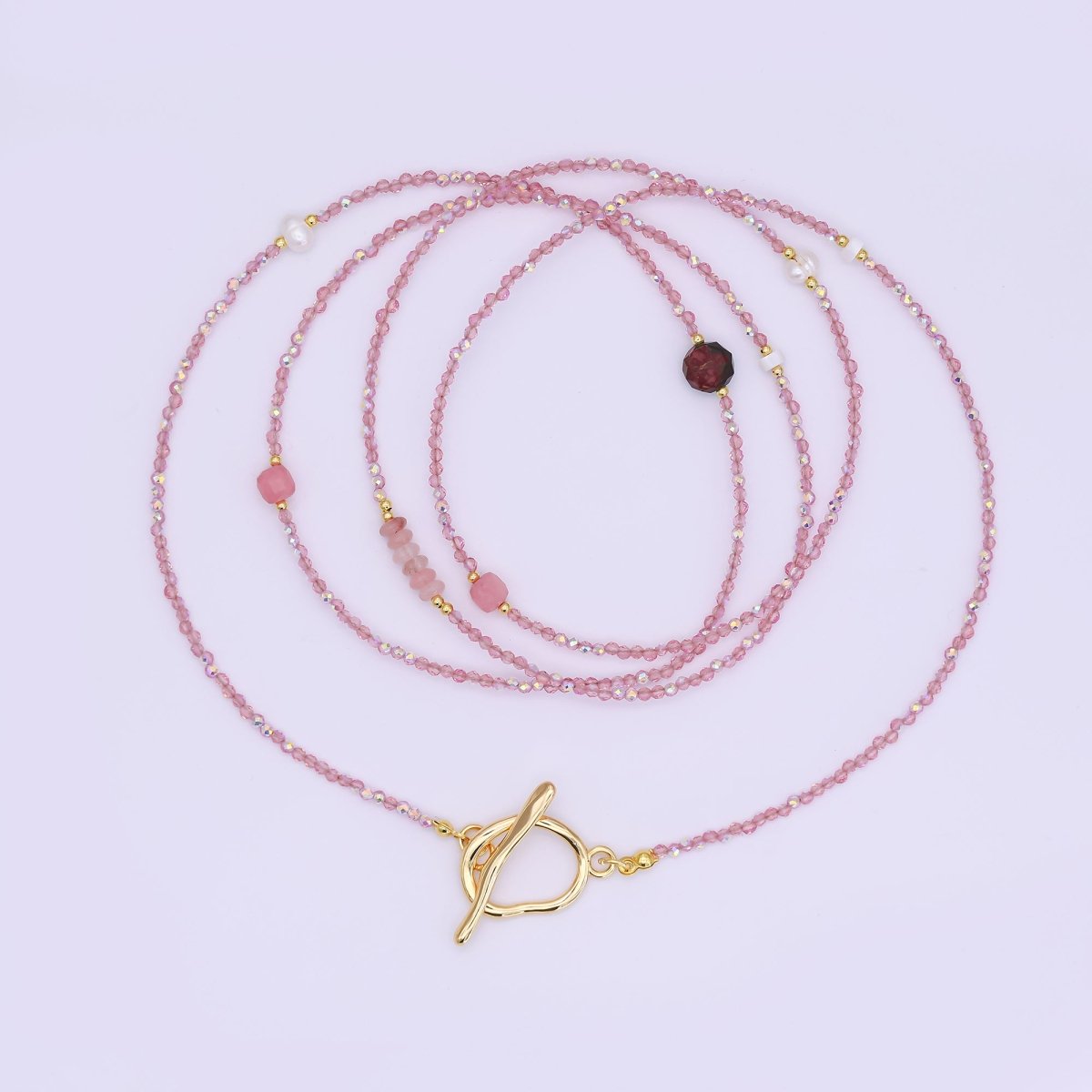 24K Gold Filled 3mm Shell Pearl Rose Pink Crystal Gemstone 40 Inches Necklace | WA - 3079 - DLUXCA