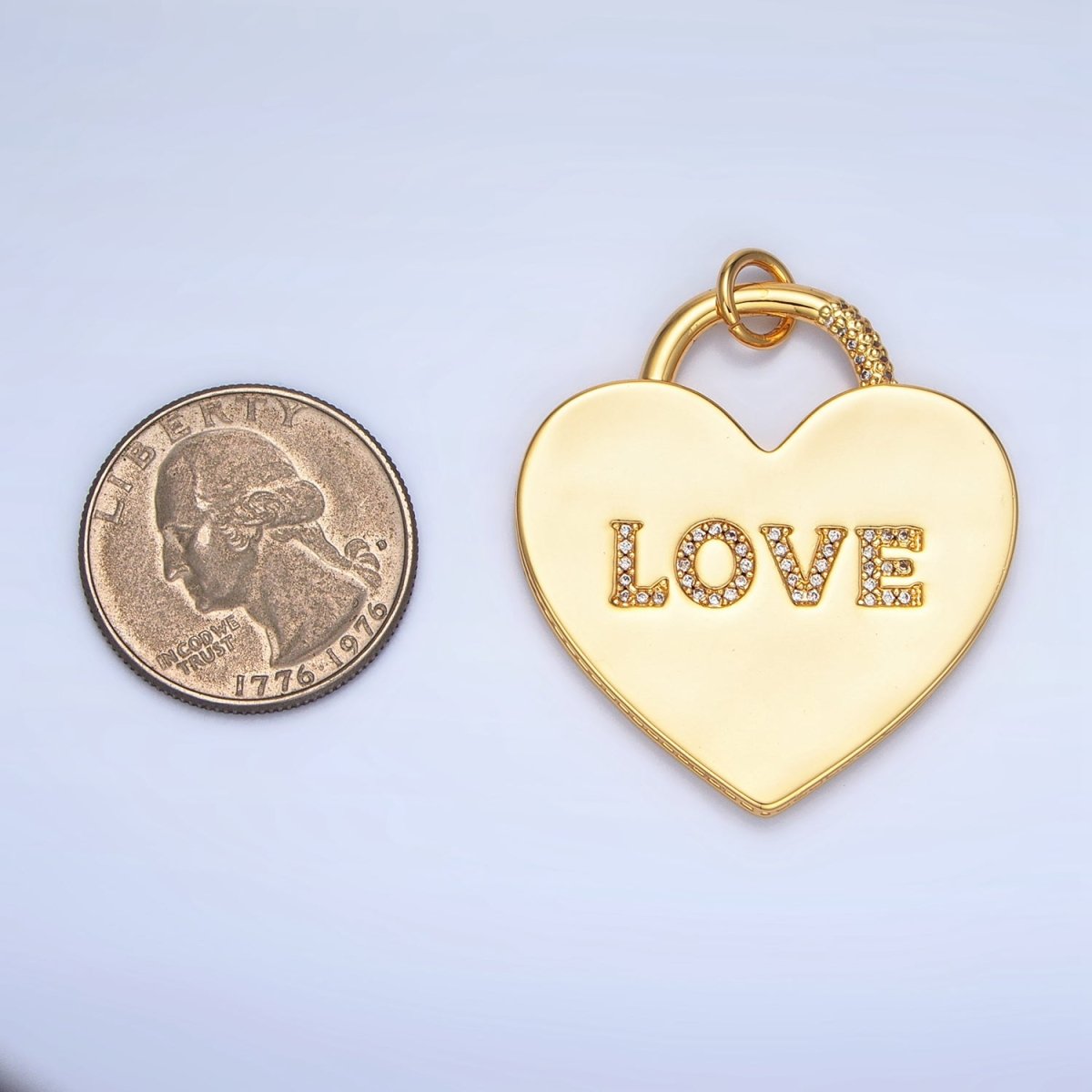 24K Gold Filled 40mm "LOVE" Micro Paved CZ Heart Padlock Charm in Gold & Silver | N746 - DLUXCA