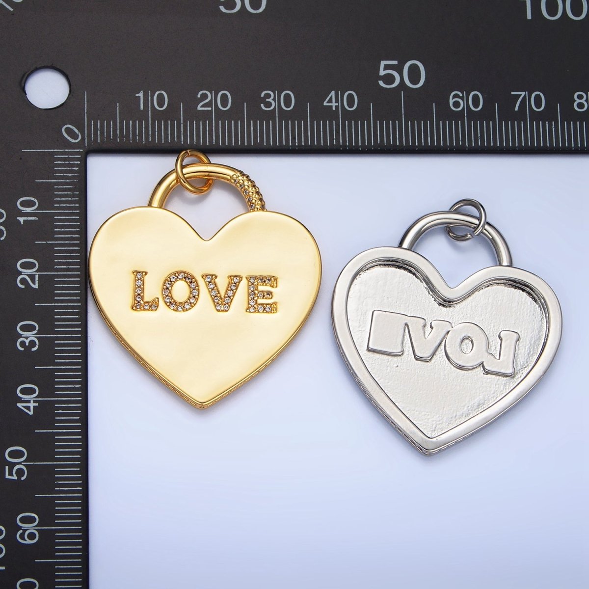 24K Gold Filled 40mm "LOVE" Micro Paved CZ Heart Padlock Charm in Gold & Silver | N746 - DLUXCA