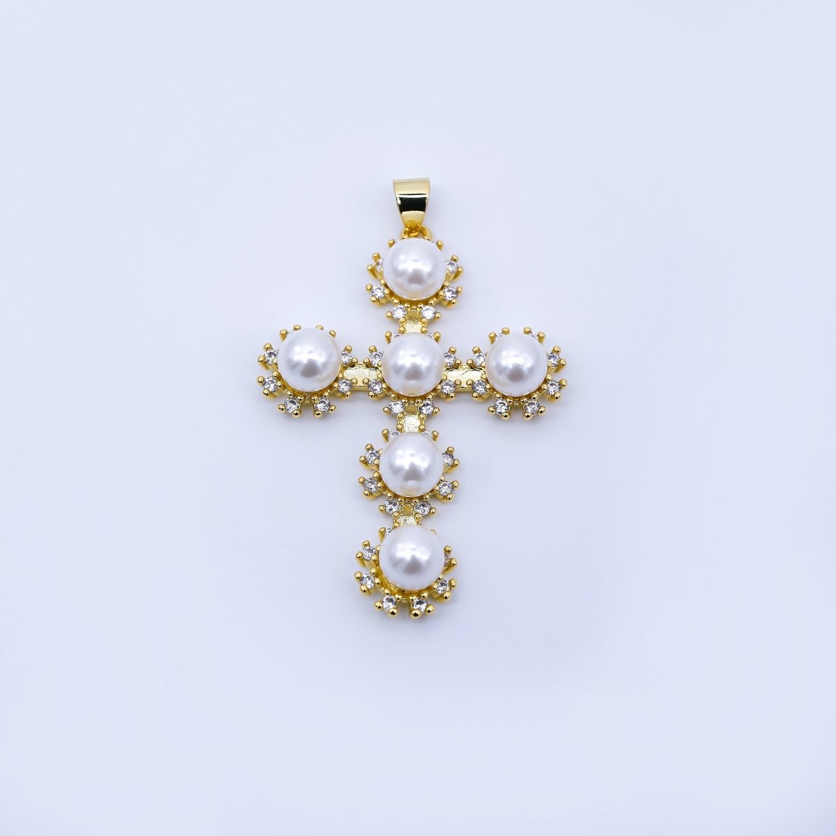 24K Gold Filled 40mm Shell Pearl Micro Paved CZ Religious Cross Pendant | AA1671 - DLUXCA
