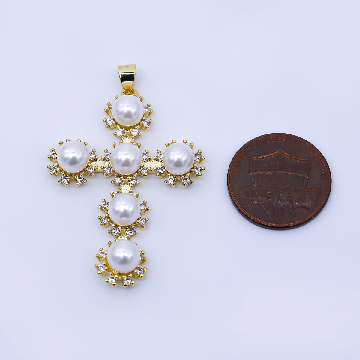 24K Gold Filled 40mm Shell Pearl Micro Paved CZ Religious Cross Pendant | AA1671 - DLUXCA