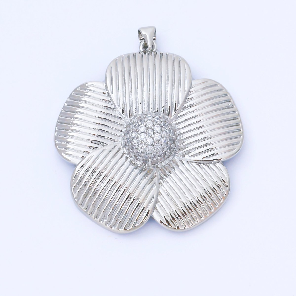 24K Gold Filled 41mm Micro Paved CZ Ribbed Flower Pendant in Gold & Silver | AA1657 AA1660 - DLUXCA