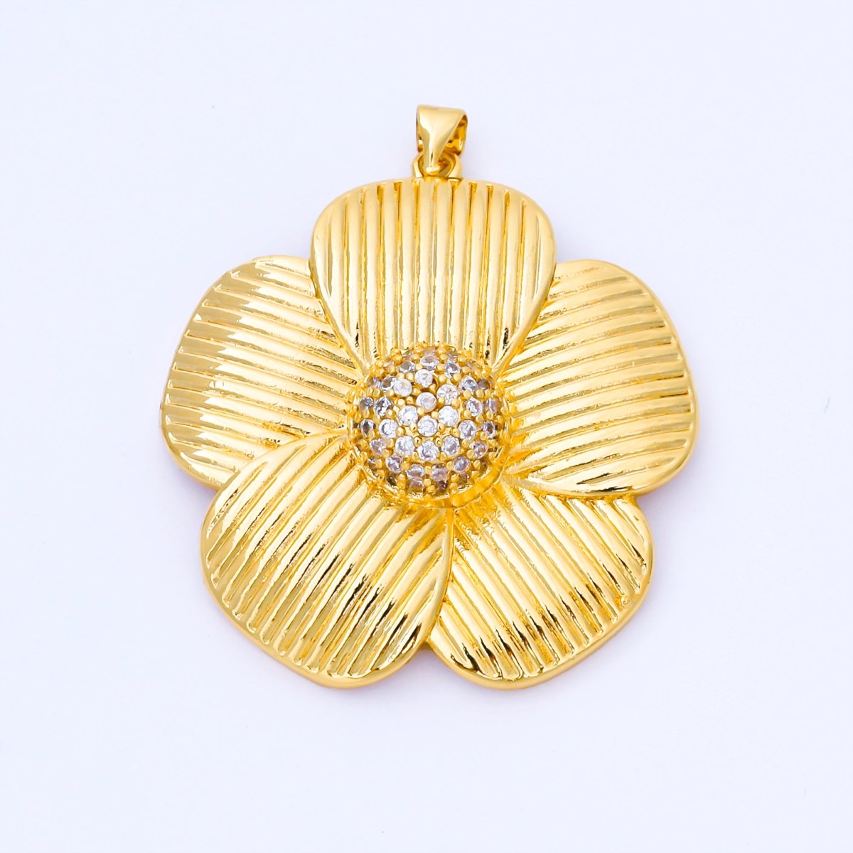24K Gold Filled 41mm Micro Paved CZ Ribbed Flower Pendant in Gold & Silver | AA1657 AA1660 - DLUXCA