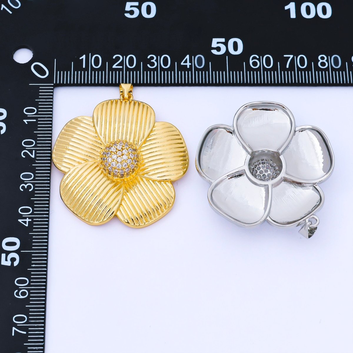 24K Gold Filled 41mm Micro Paved CZ Ribbed Flower Pendant in Gold & Silver | AA1657 AA1660 - DLUXCA