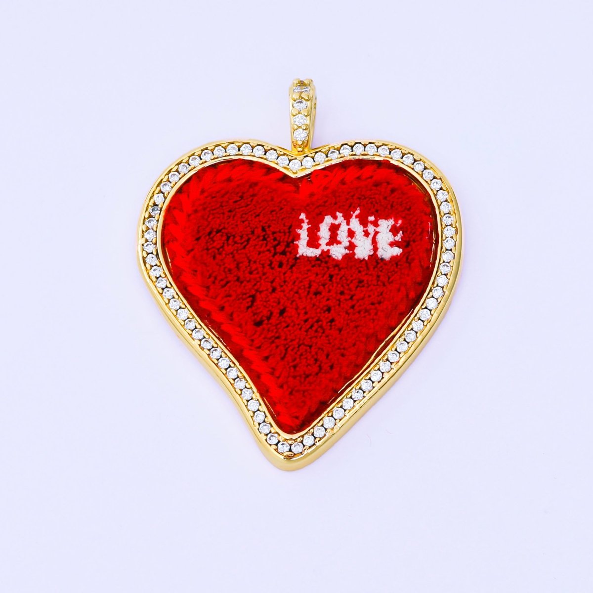 24K Gold Filled 41mm Red Pressed Cotton Micro Paved CZ "LOVE" Heart Pendant | AA1646 - DLUXCA