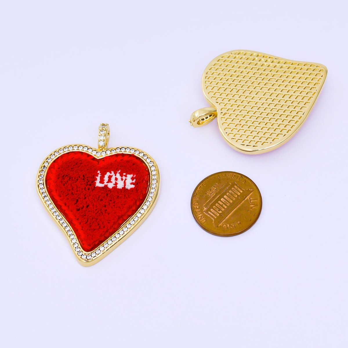 24K Gold Filled 41mm Red Pressed Cotton Micro Paved CZ "LOVE" Heart Pendant | AA1646 - DLUXCA