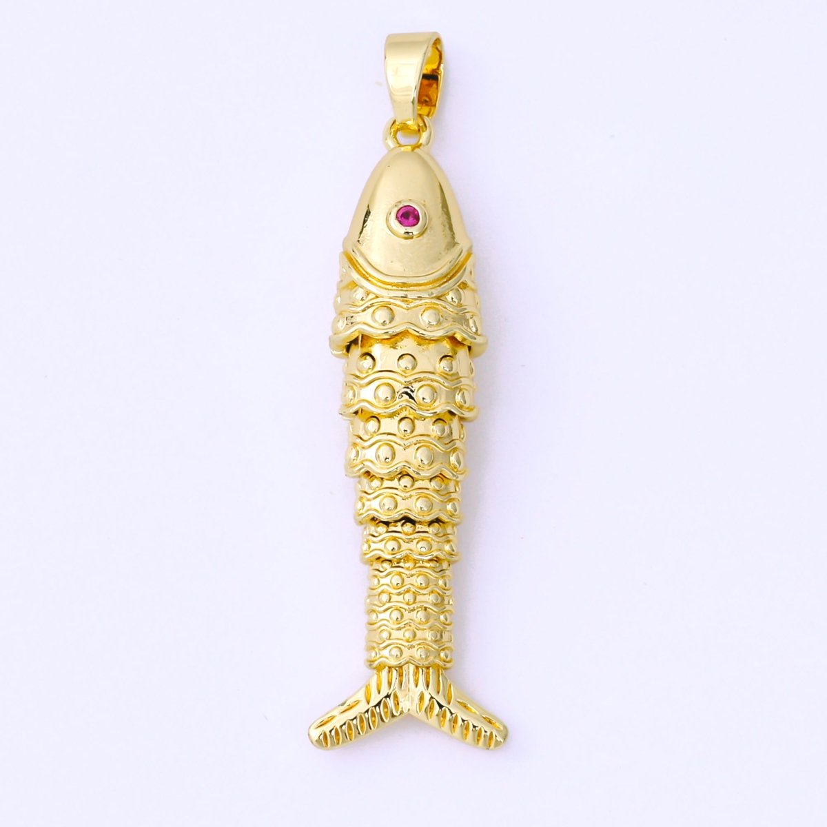 24K Gold Filled 43mm Fuchsia CZ Dotted Sardine Fish Multidimensional Charm in Gold & Silver | AA1620 - DLUXCA