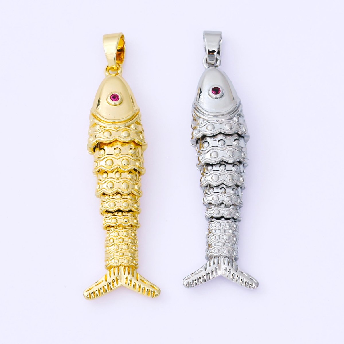 24K Gold Filled 43mm Fuchsia CZ Dotted Sardine Fish Multidimensional Charm in Gold & Silver | AA1620 - DLUXCA