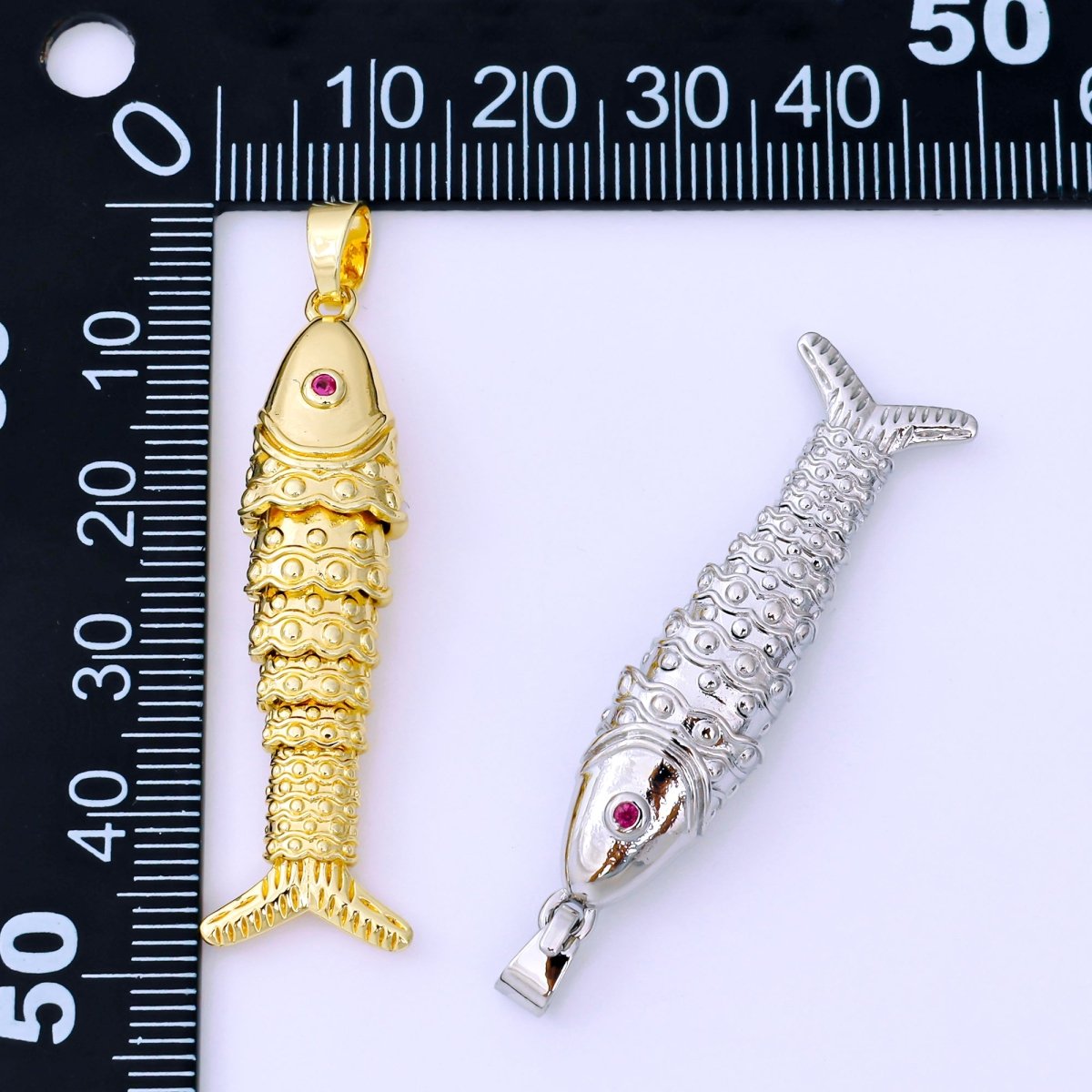24K Gold Filled 43mm Fuchsia CZ Dotted Sardine Fish Multidimensional Charm in Gold & Silver | AA1620 - DLUXCA