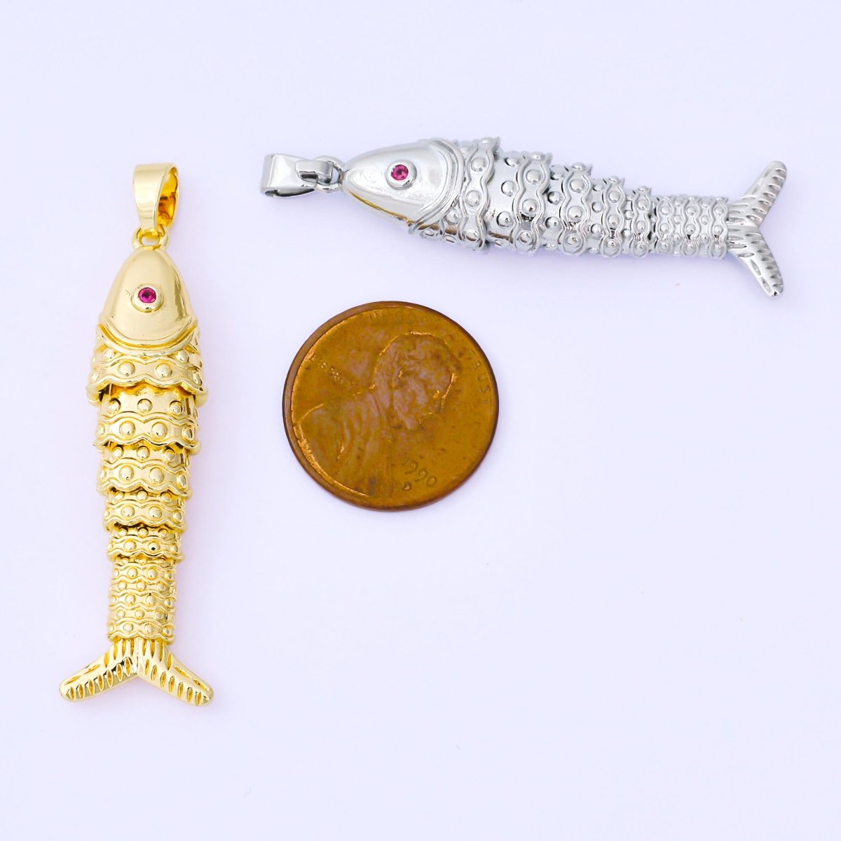 24K Gold Filled 43mm Fuchsia CZ Dotted Sardine Fish Multidimensional Charm in Gold & Silver | AA1620 - DLUXCA