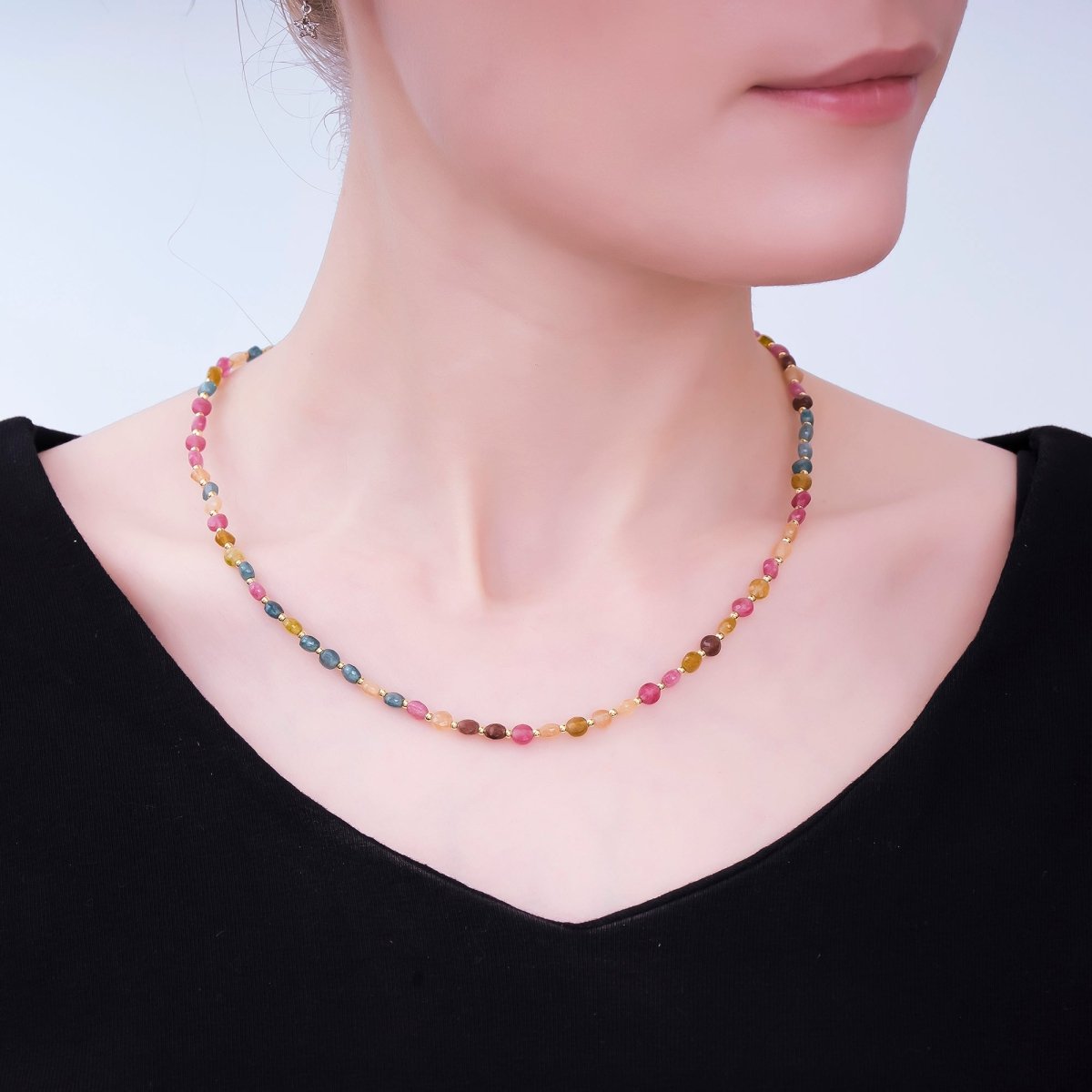 24K Gold Filled 4.5mm Multicolor Natural Gemstone Round Bead 17 Inch Necklace | WA - 3151 - DLUXCA