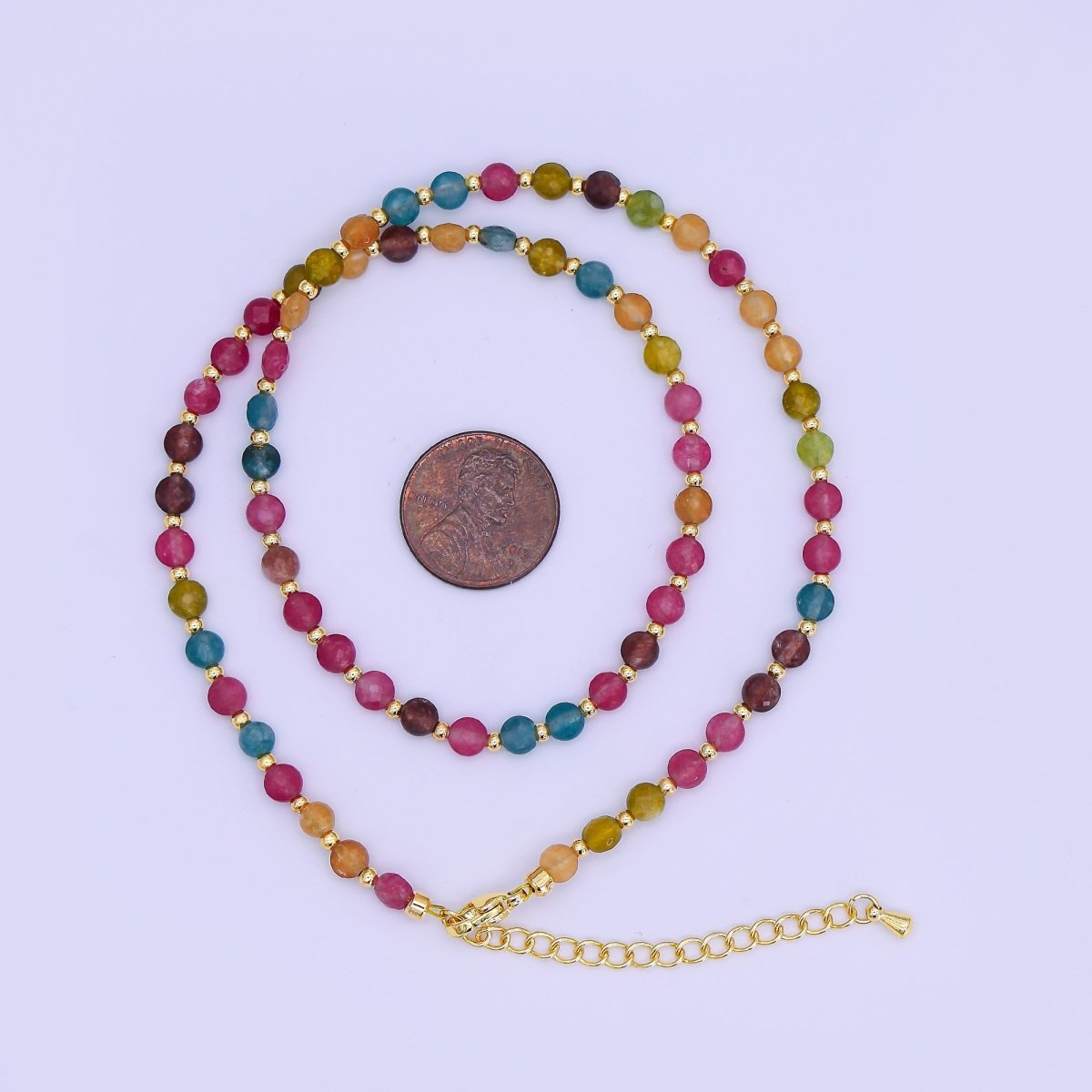 24K Gold Filled 4.5mm Multicolor Natural Gemstone Round Bead 17 Inch Necklace | WA - 3151 - DLUXCA