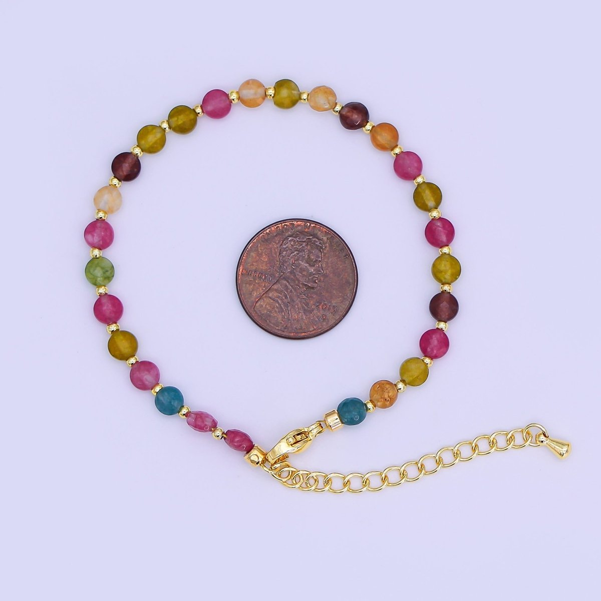 24K Gold Filled 4.5mm Multicolor Natural Gemstone Round Bead 6.5 Inch Bracelet | WA - 3153 - DLUXCA
