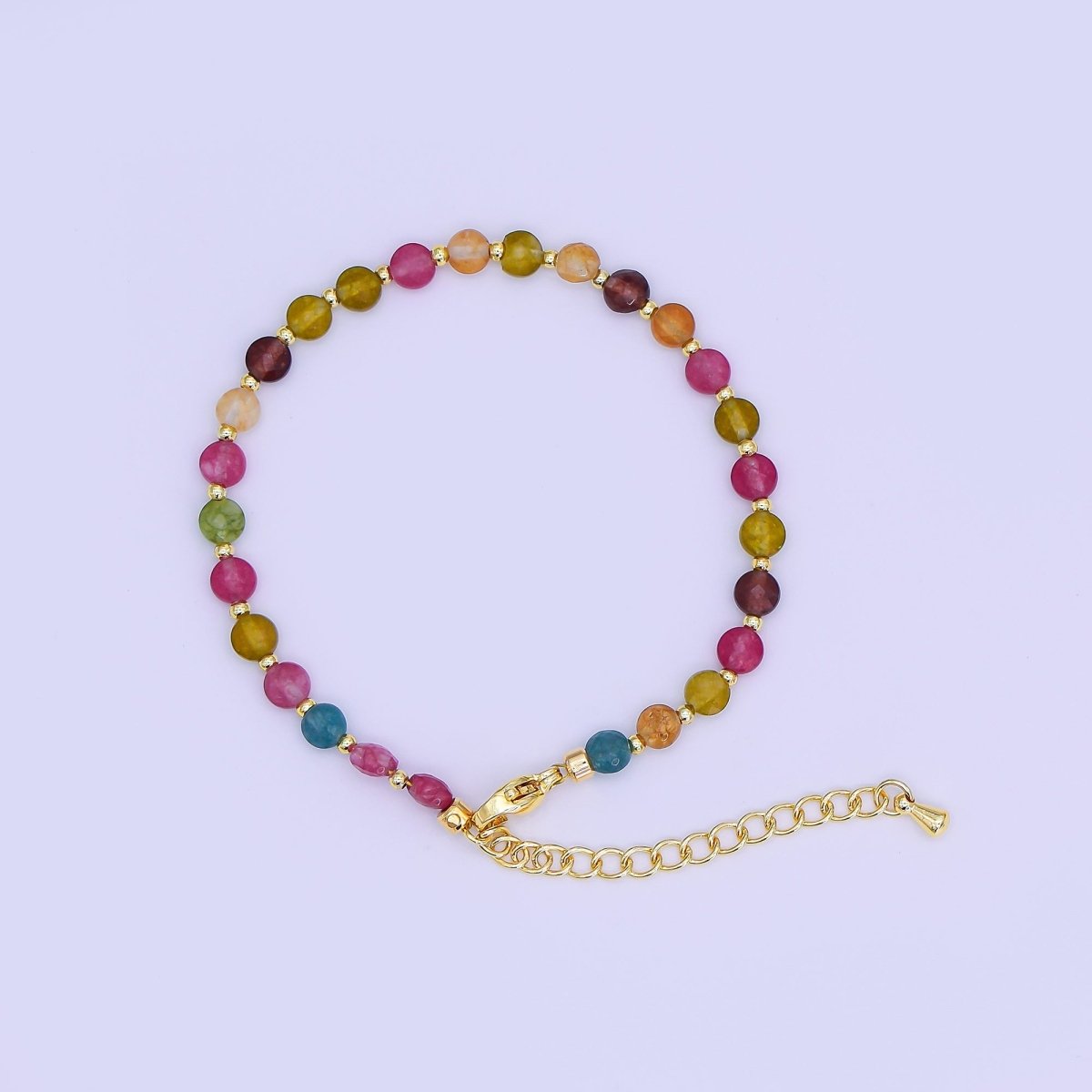 24K Gold Filled 4.5mm Multicolor Natural Gemstone Round Bead 6.5 Inch Bracelet | WA - 3153 - DLUXCA
