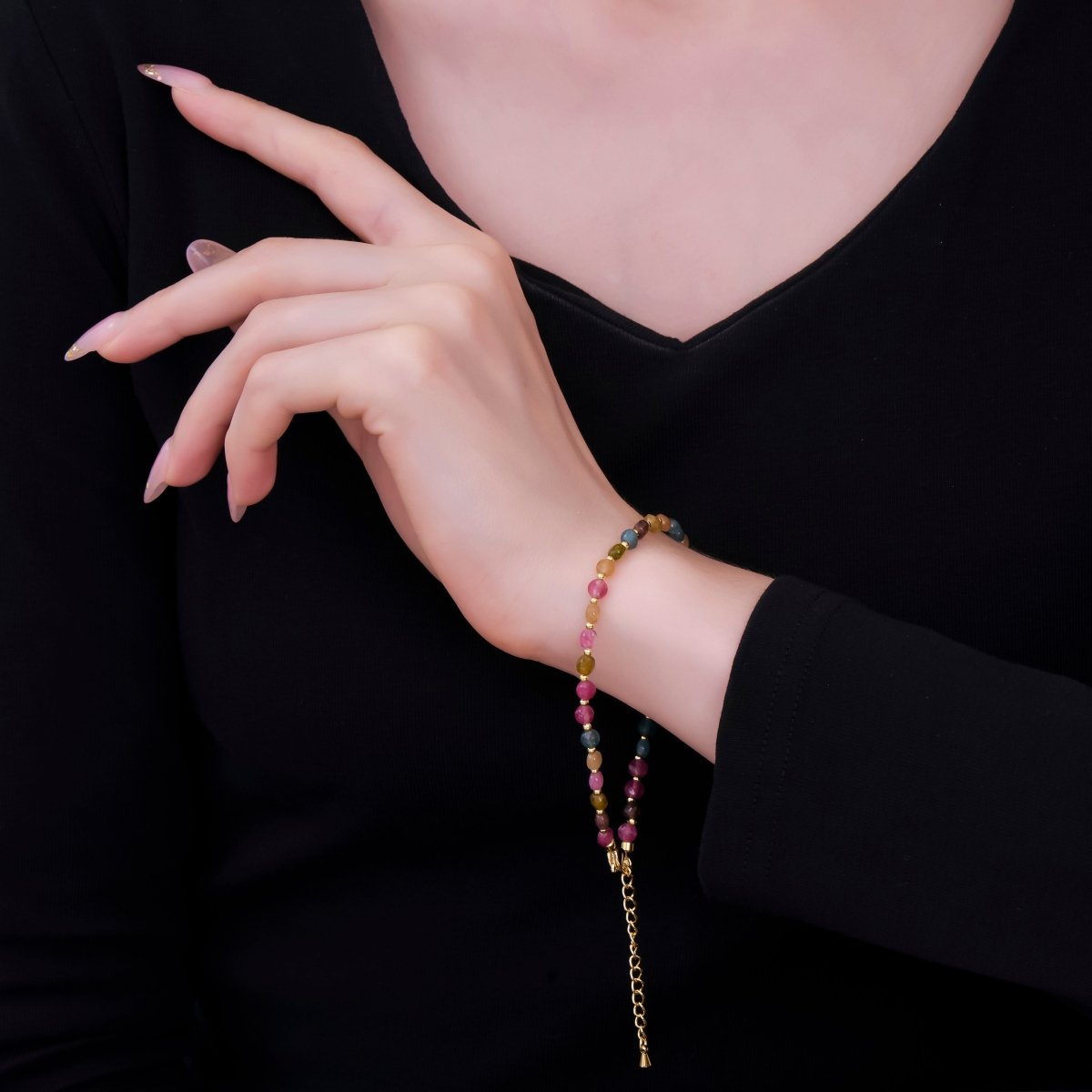 24K Gold Filled 4.5mm Multicolor Natural Gemstone Round Bead 8.5 Inch Bracelet Anklet | WA - 3152 - DLUXCA