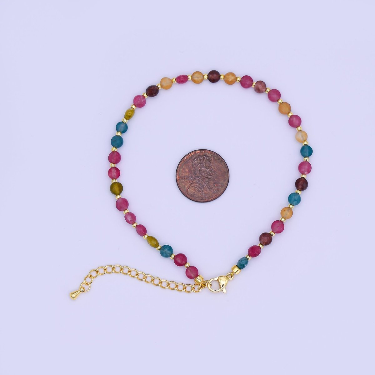 24K Gold Filled 4.5mm Multicolor Natural Gemstone Round Bead 8.5 Inch Bracelet Anklet | WA - 3152 - DLUXCA