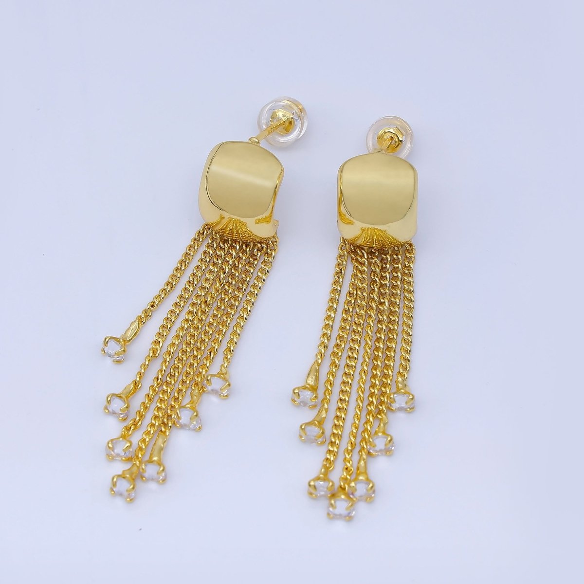 24K Gold Filled 46.5mm CZ Curb Chain C - Shaped Hoop Drop Earrings | AB1635 - DLUXCA