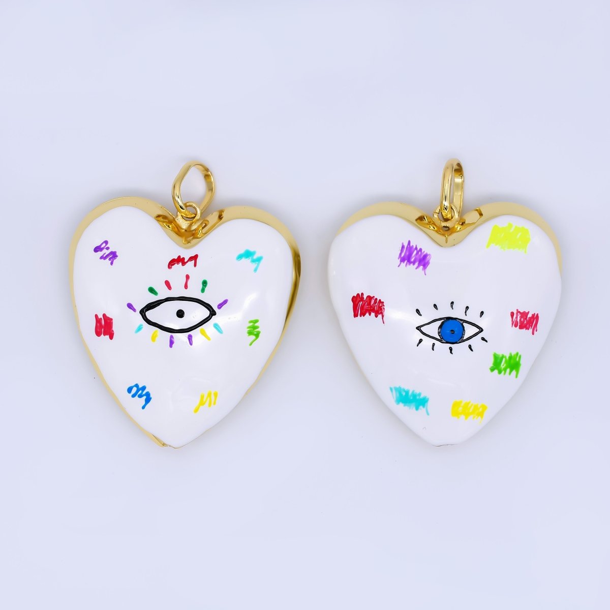 24K Gold Filled 48mm Evil Eye Art White Enamel Heart Charm | AH407 AH408 - DLUXCA