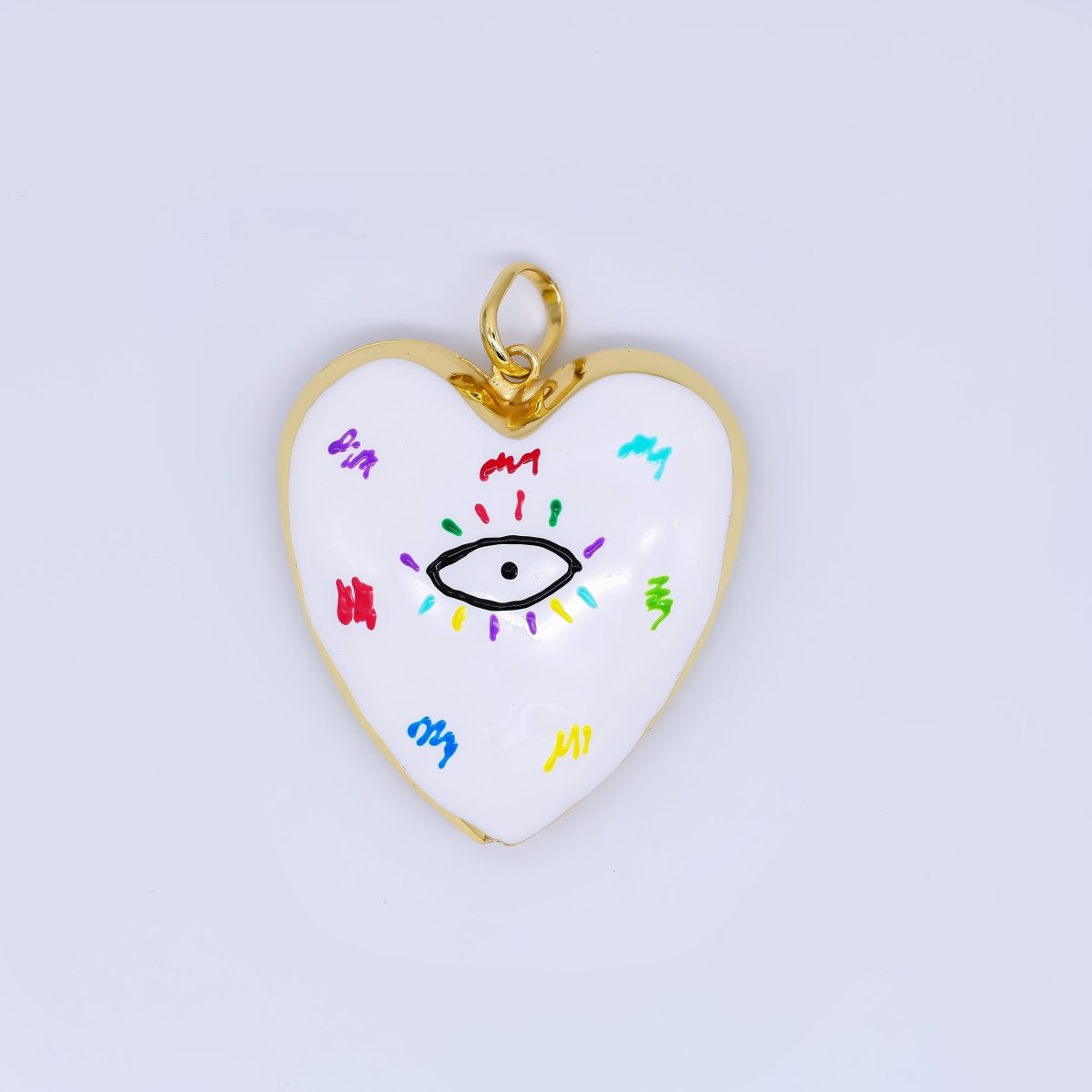 24K Gold Filled 48mm Evil Eye Art White Enamel Heart Charm | AH407 AH408 - DLUXCA