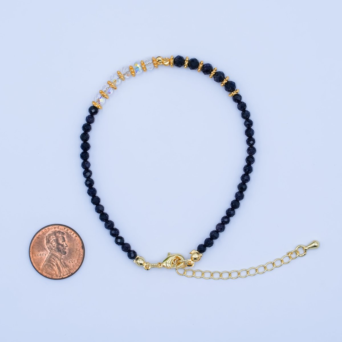 24K Gold Filled 4mm AB Blue Black Goldstone Multifaceted Gemstone 7.5 Inch Bracelet | WA - 2890 - DLUXCA