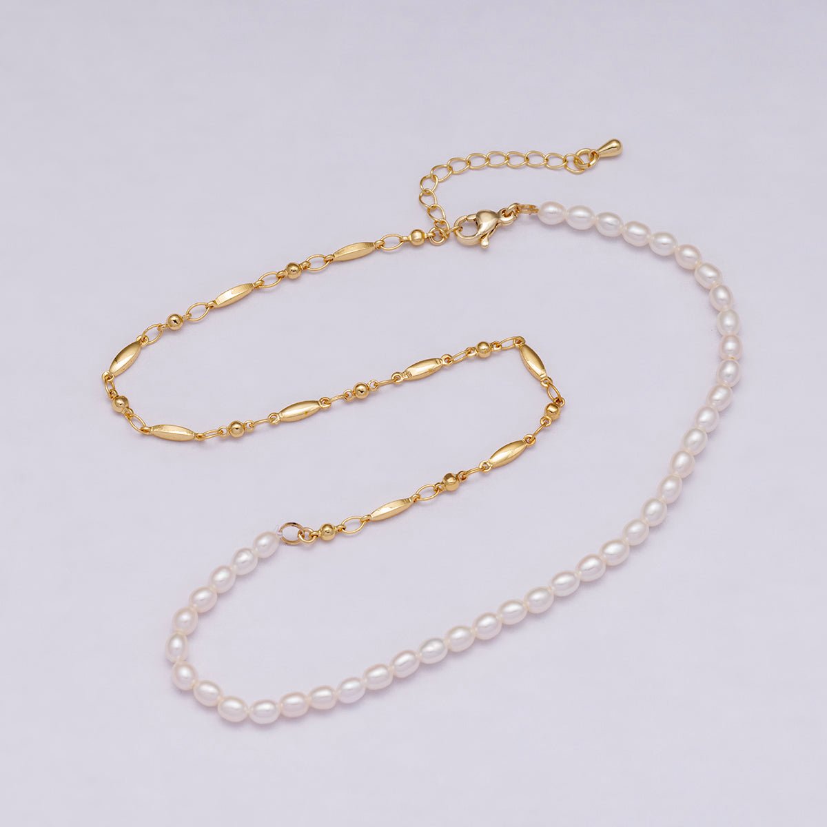 24K Gold Filled 4mm Half Shell Pearl Geometric Chain 16 Inch Necklace w. Extender | WA - 04279 - DLUXCA