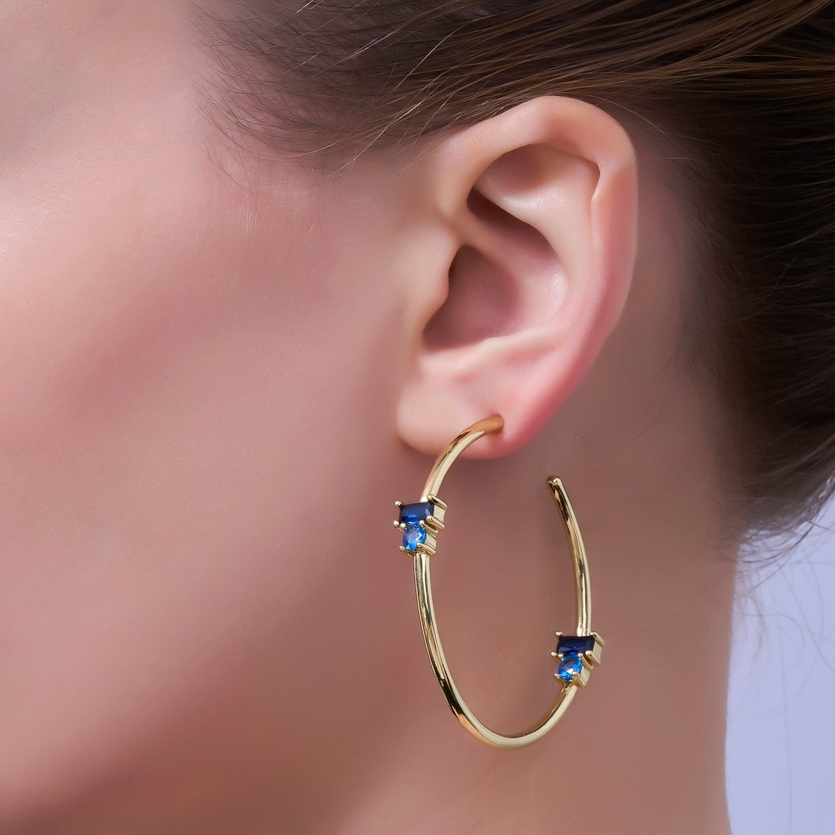 24K Gold Filled 50mm Green Baguette Round CZ C - Shaped Hoop Earrings | AD367 - DLUXCA