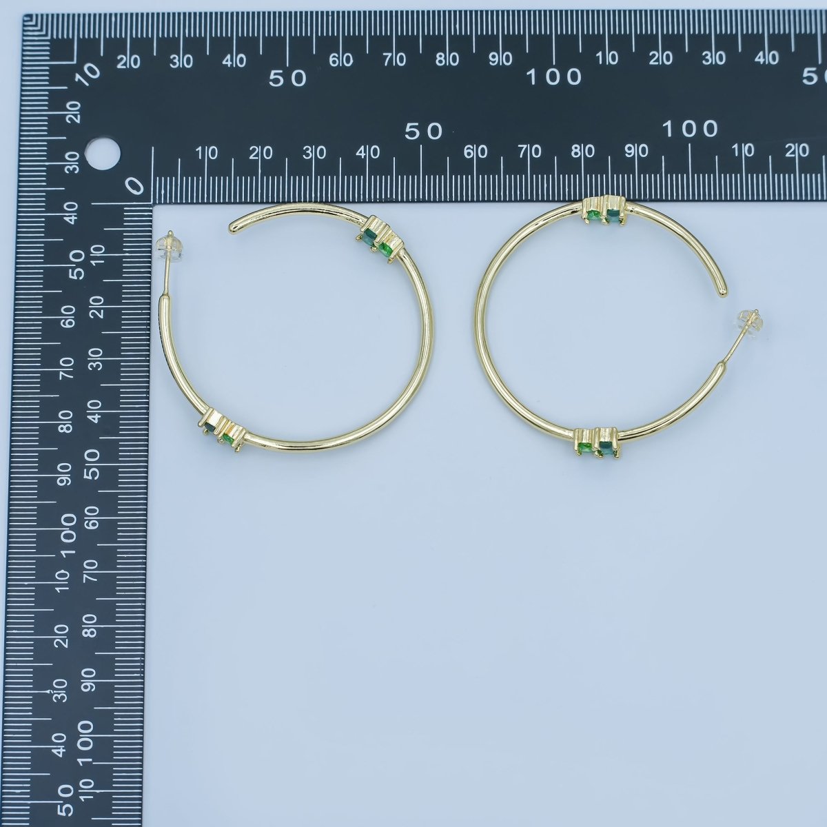 24K Gold Filled 50mm Green Baguette Round CZ C - Shaped Hoop Earrings | AD367 - DLUXCA