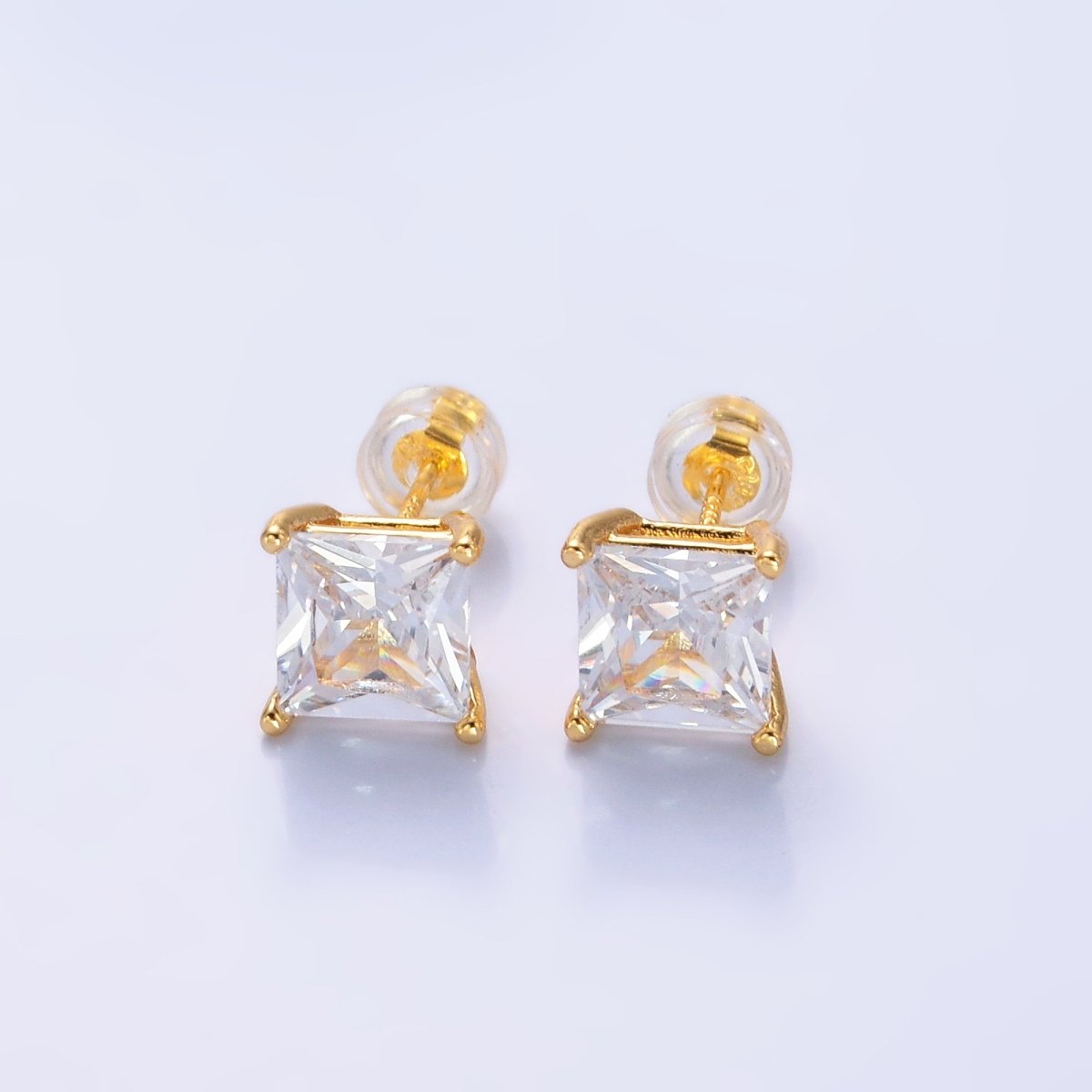 24K Gold Filled 5mm, 6mm, 7mm, 9mm Clear CZ Square Baguette Stud Earrings | AB168 - AB185 - DLUXCA