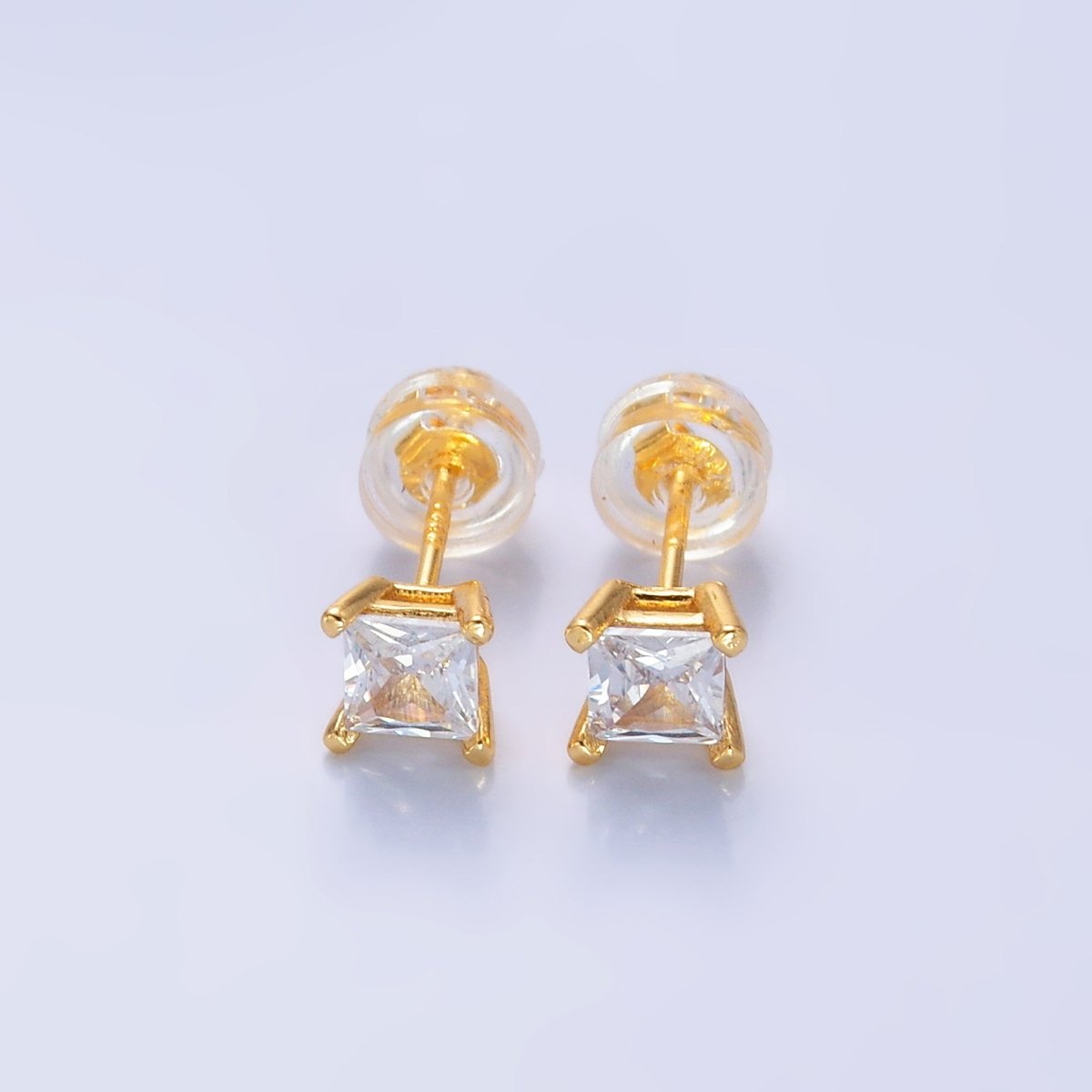 24K Gold Filled 5mm, 6mm, 7mm, 9mm Clear CZ Square Baguette Stud Earrings | AB168 - AB185 - DLUXCA