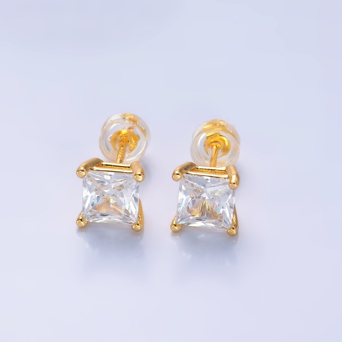 24K Gold Filled 5mm, 6mm, 7mm, 9mm Clear CZ Square Baguette Stud Earrings | AB168 - AB185 - DLUXCA