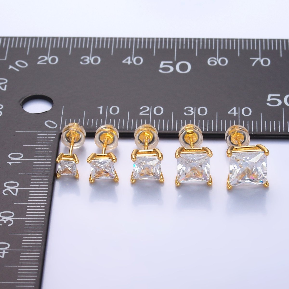 24K Gold Filled 5mm, 6mm, 7mm, 9mm Clear CZ Square Baguette Stud Earrings | AB168 - AB185 - DLUXCA