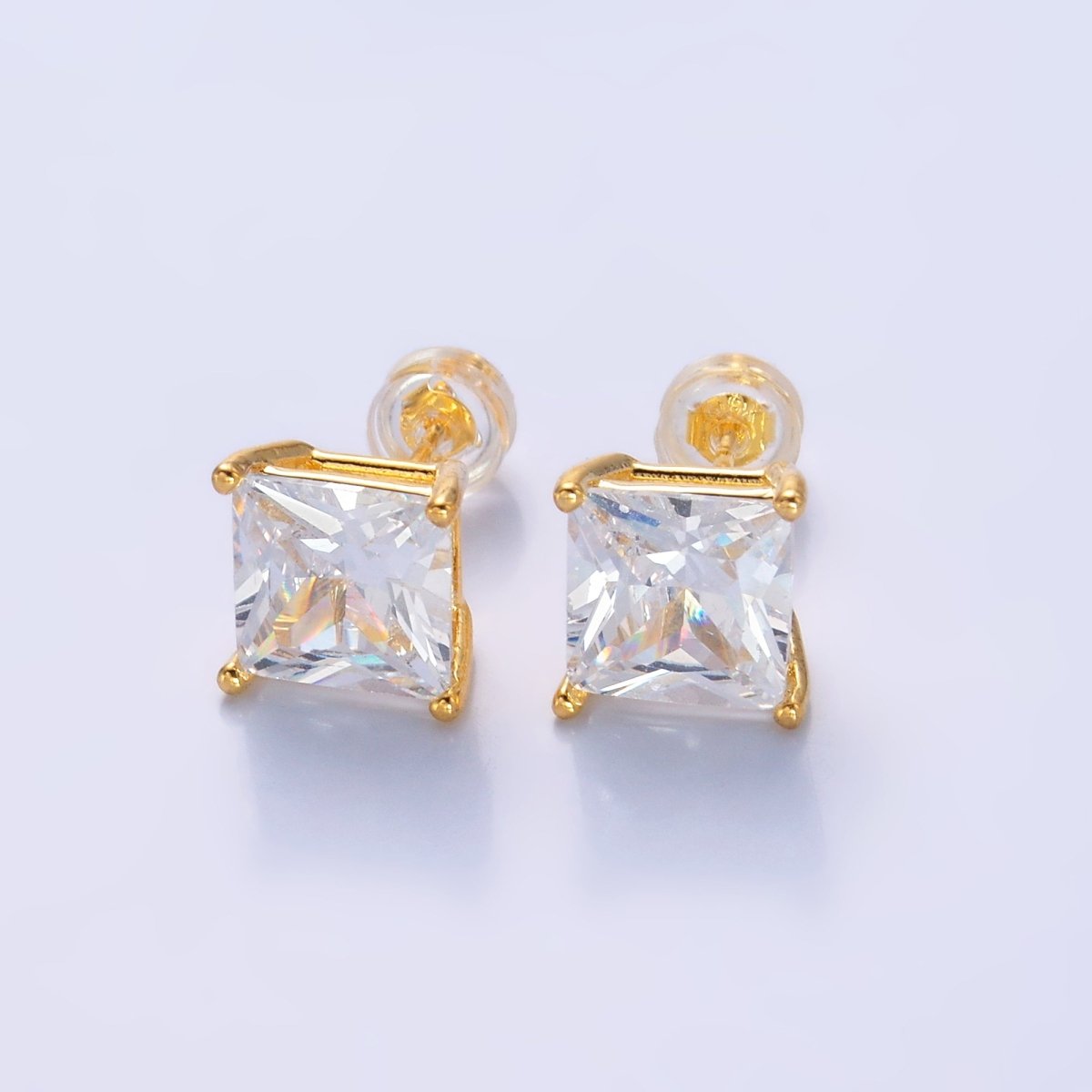 24K Gold Filled 5mm, 6mm, 7mm, 9mm Clear CZ Square Baguette Stud Earrings | AB168 - AB185 - DLUXCA