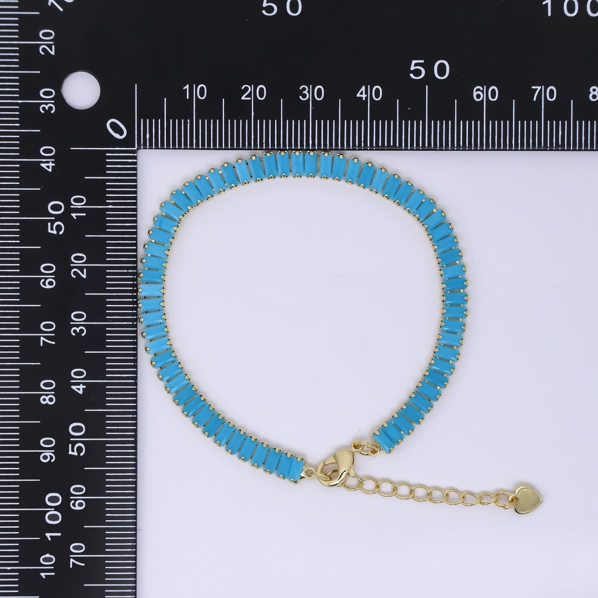 24K Gold Filled 5mm Blue Turquoise Baguette 7 Inches Tennis Chain Bracelet | WA - 1606 - DLUXCA